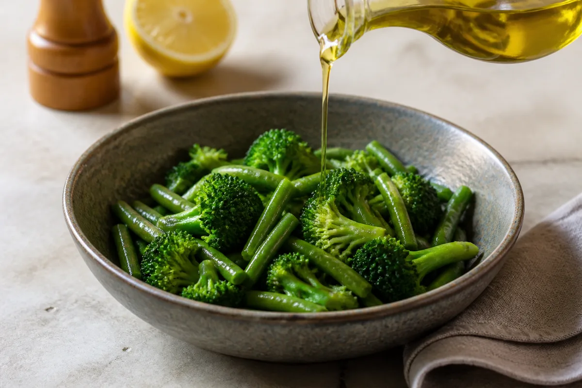Bol de légumes verts et filet d’huile d’olive posé près d’un torchon en lin sur un plan de travail en pierre