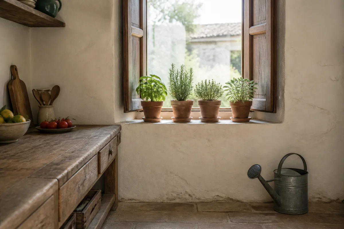 Cuisine méditerranéenne baignée de lumière, fenêtre entrouverte et plantes aromatiques en pots de terre cuite