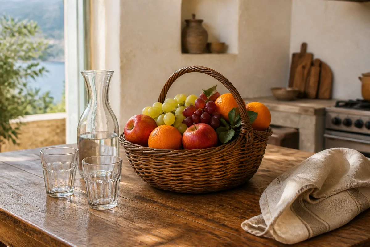 Corbeille de fruits frais et carafe d’eau sur une table de cuisine en bois patiné