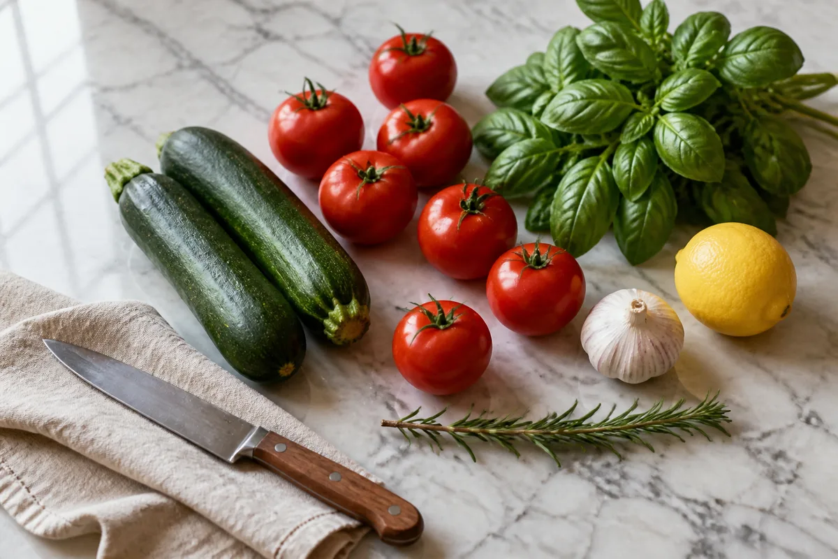 Légumes et herbes fraîches posés sur un plan de travail en marbre clair