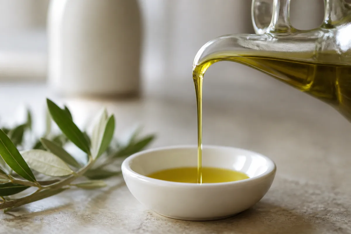 Filet d’huile d’olive verte versé depuis une burette en verre sur un plan de travail en pierre claire