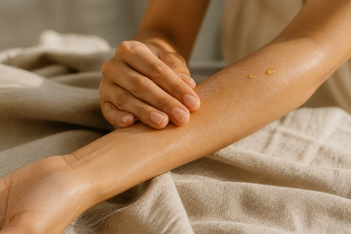 Mains adultes appliquant quelques gouttes d’huile sur un avant-bras dans une lumière douce de fin de journée