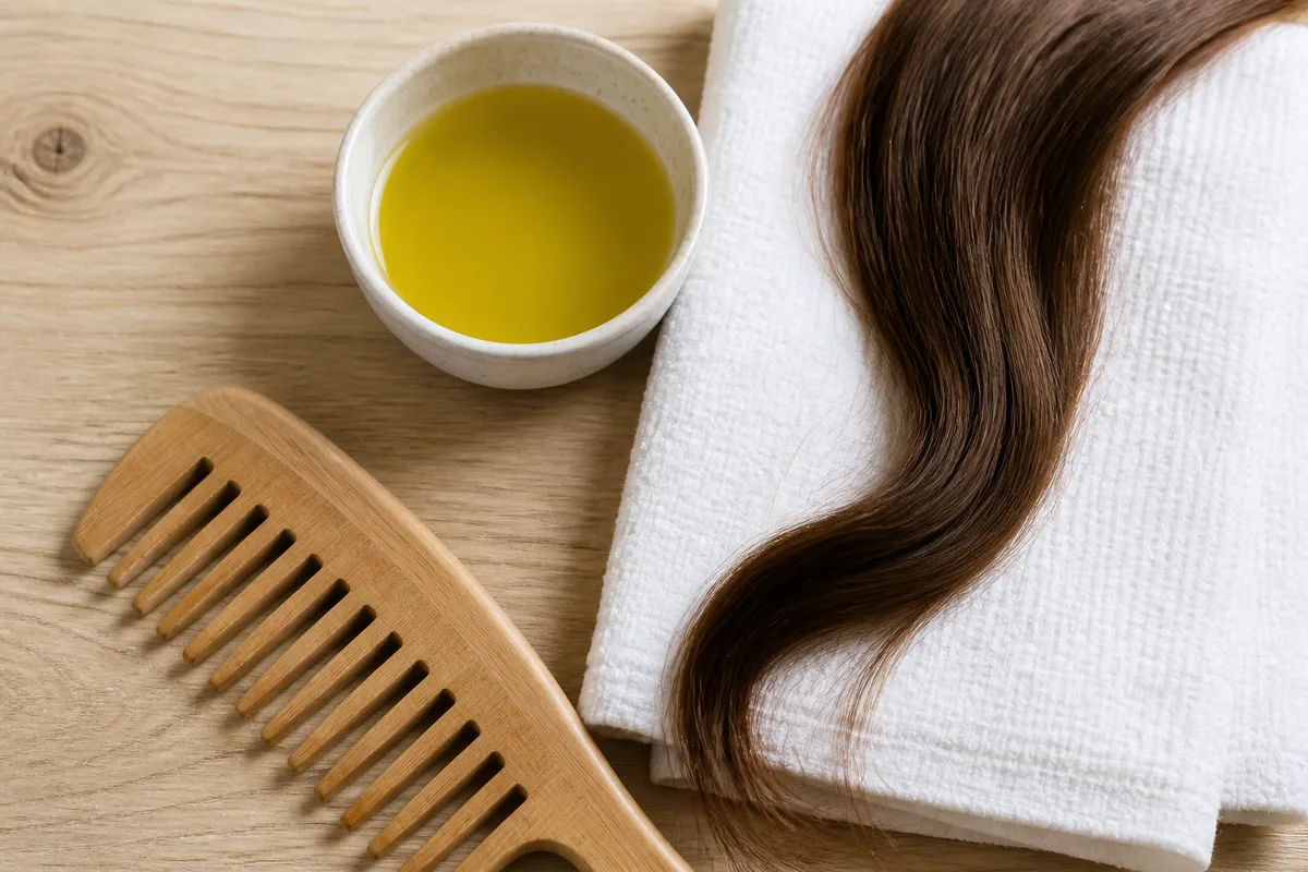 Peigne en bois et bol d’huile posés près d’une mèche de cheveux longs sur une serviette