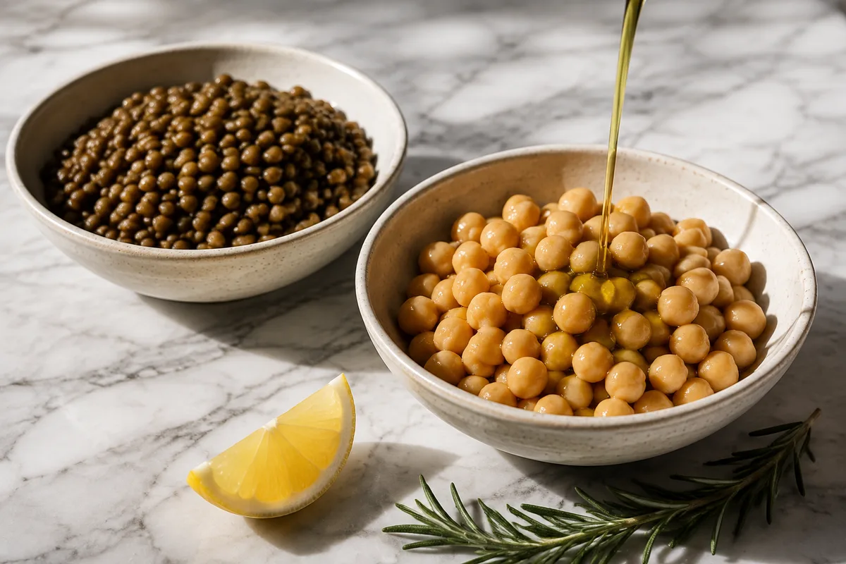Filet d&rsquo;huile d&rsquo;olive versé sur un bol de pois chiches cuits, à côté d&rsquo;un bol de lentilles cuites, quartier de citron et brins de romarin sur un plan de travail en marbre clair