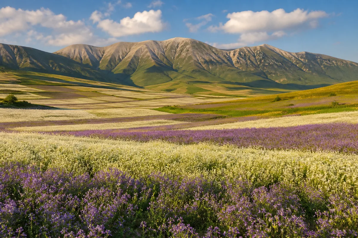 Bandes de fleurs blanches et violettes en travers du haut plateau de Castelluccio, chaîne des monts Sibillins en arrière-plan sous un ciel d&rsquo;été