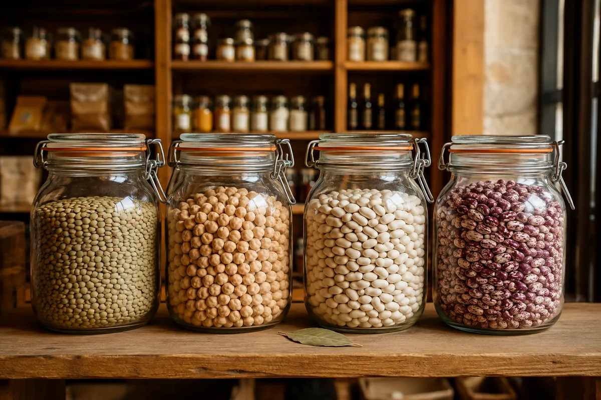 Quatre bocaux en verre à joint remplis de lentilles, pois chiches, haricots blancs et haricots borlotti, alignés sur un comptoir en bois d&rsquo;épicerie, feuille de laurier posée devant