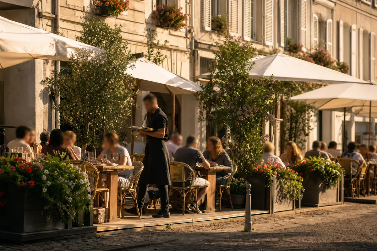 Terrasse de brasserie animée dans une ville de l&rsquo;Est de la France en été