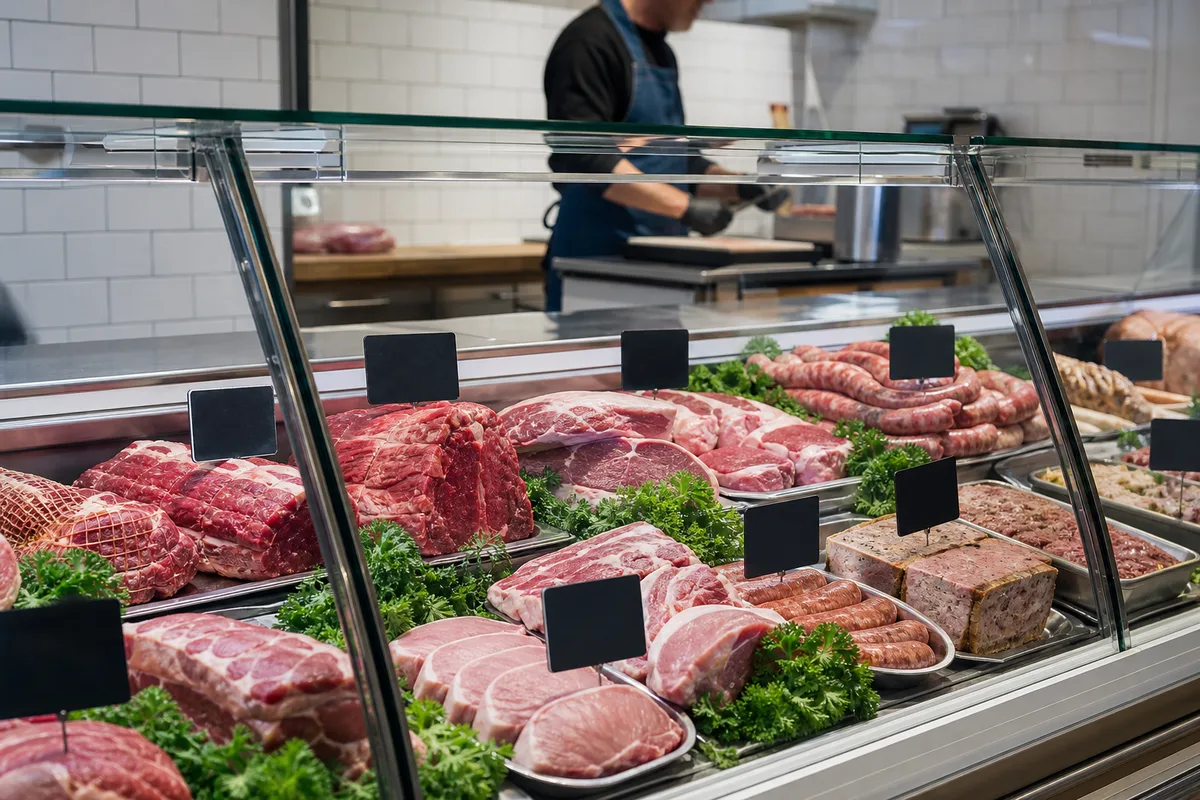 Comptoir d&rsquo;une boucherie-charcuterie artisanale avec pièces de viande et terrines