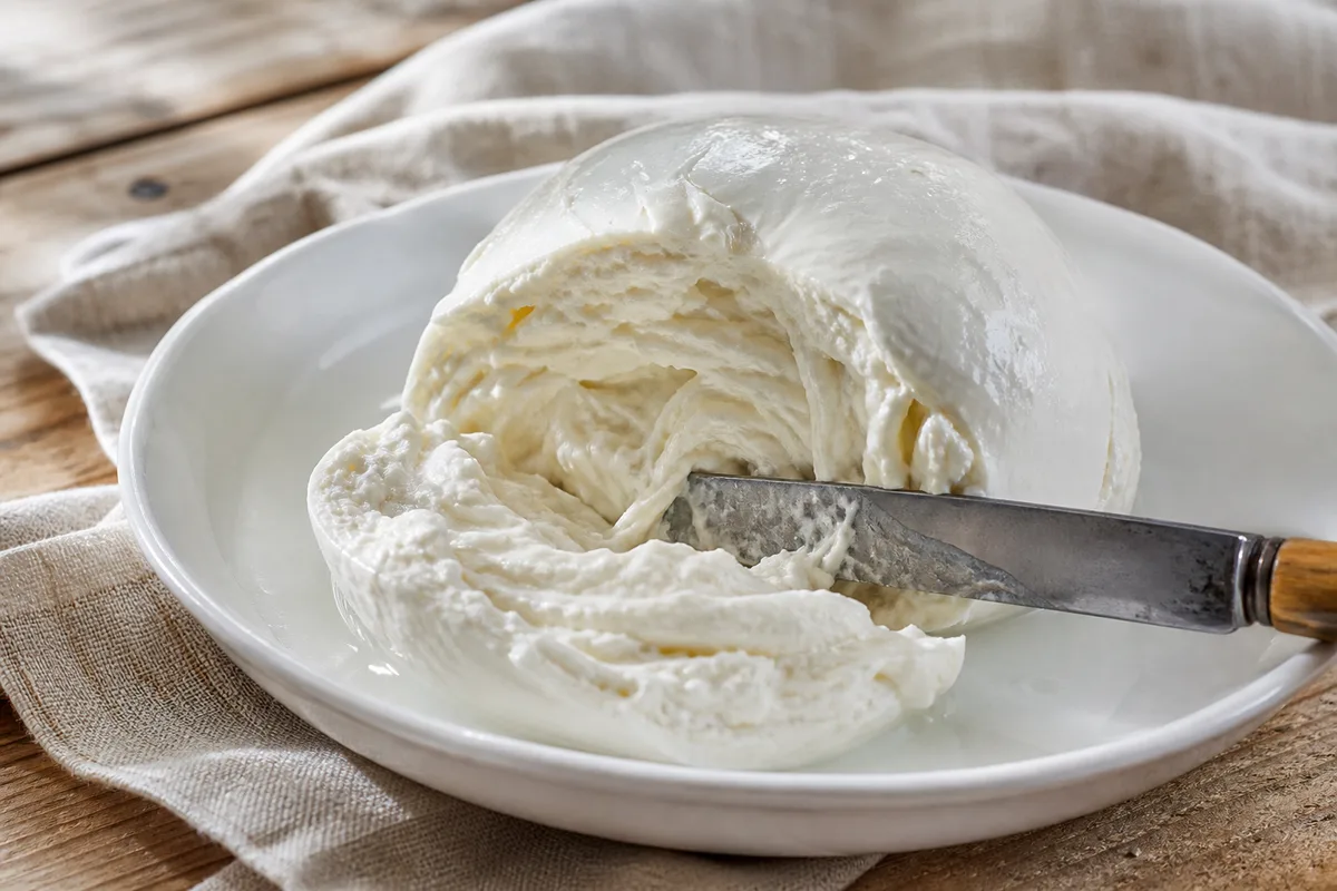 Boule de mozzarella di bufala campana entamée dans son liquide de conservation, sur une assiette blanche
