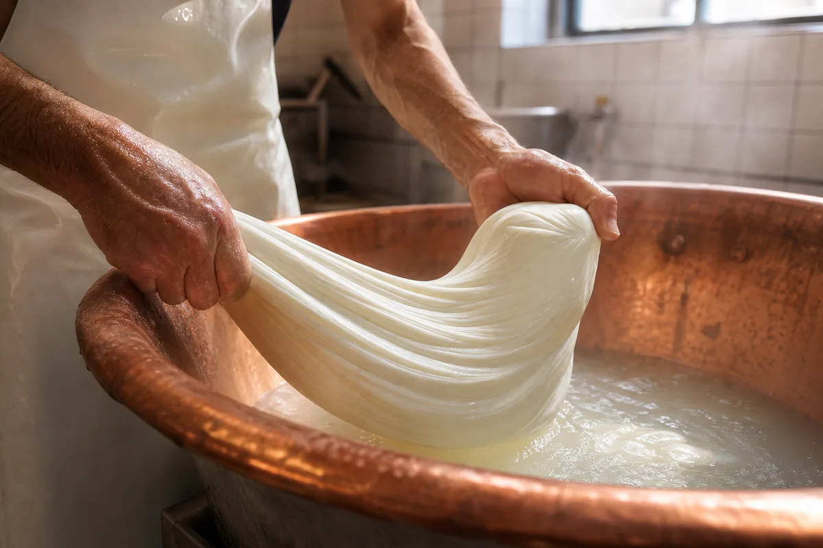 Fromager campanien étirant la pâte filée de mozzarella à la main au-dessus d&rsquo;une cuve en cuivre