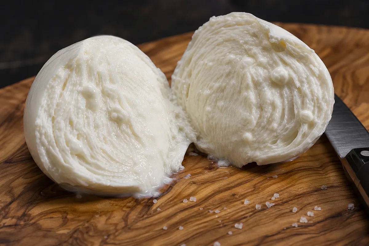 Mozzarella di bufala tranchée en deux laissant perler une sérosité lactée sur une planche en bois