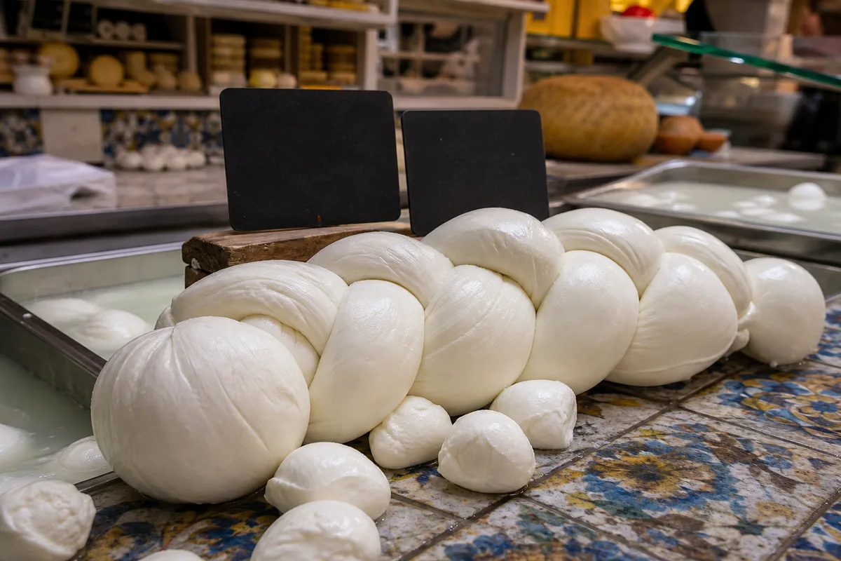 Étal de fromagerie italienne présentant treccia tressée et bocconcini de mozzarella di bufala